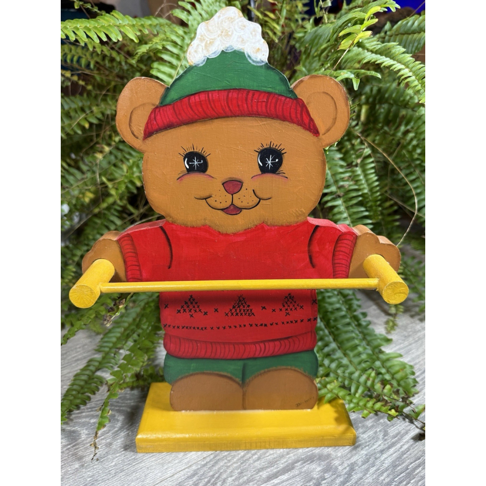 Wood Hand Painted Christmas Bear Dowel Rod Holder Hand Towel Hand Painted Signed